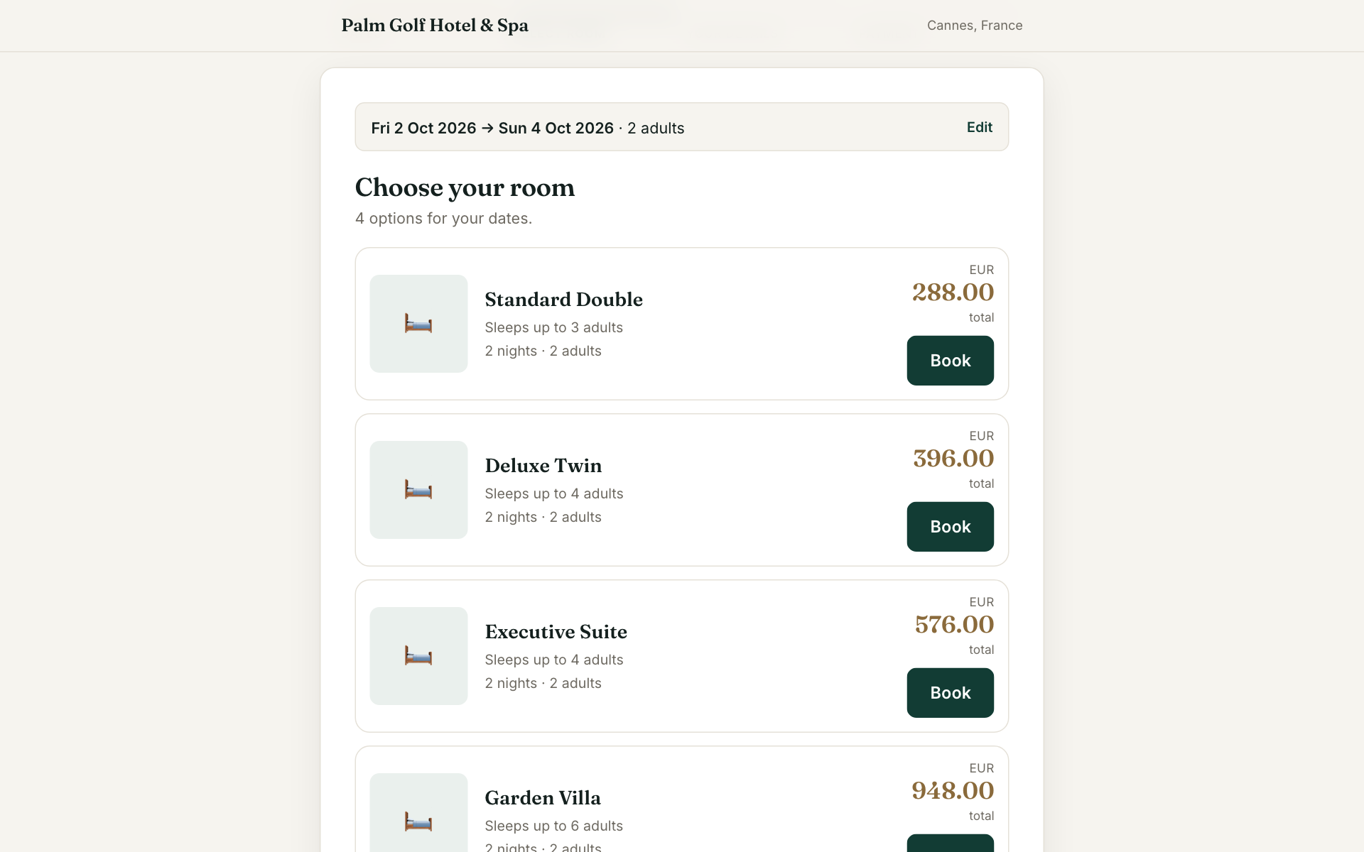 Booking engine — dates and room types