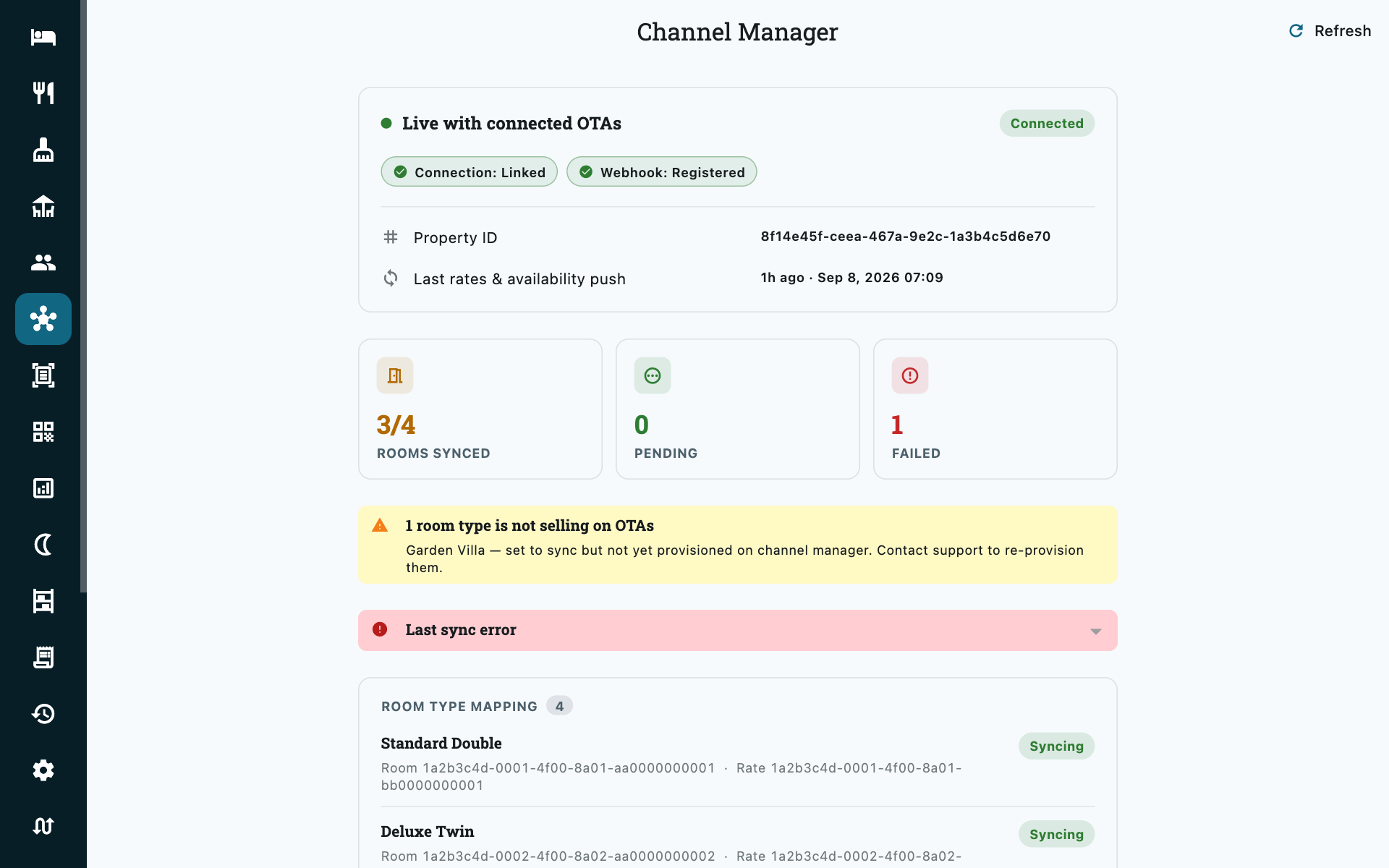 Channel Manager status dashboard