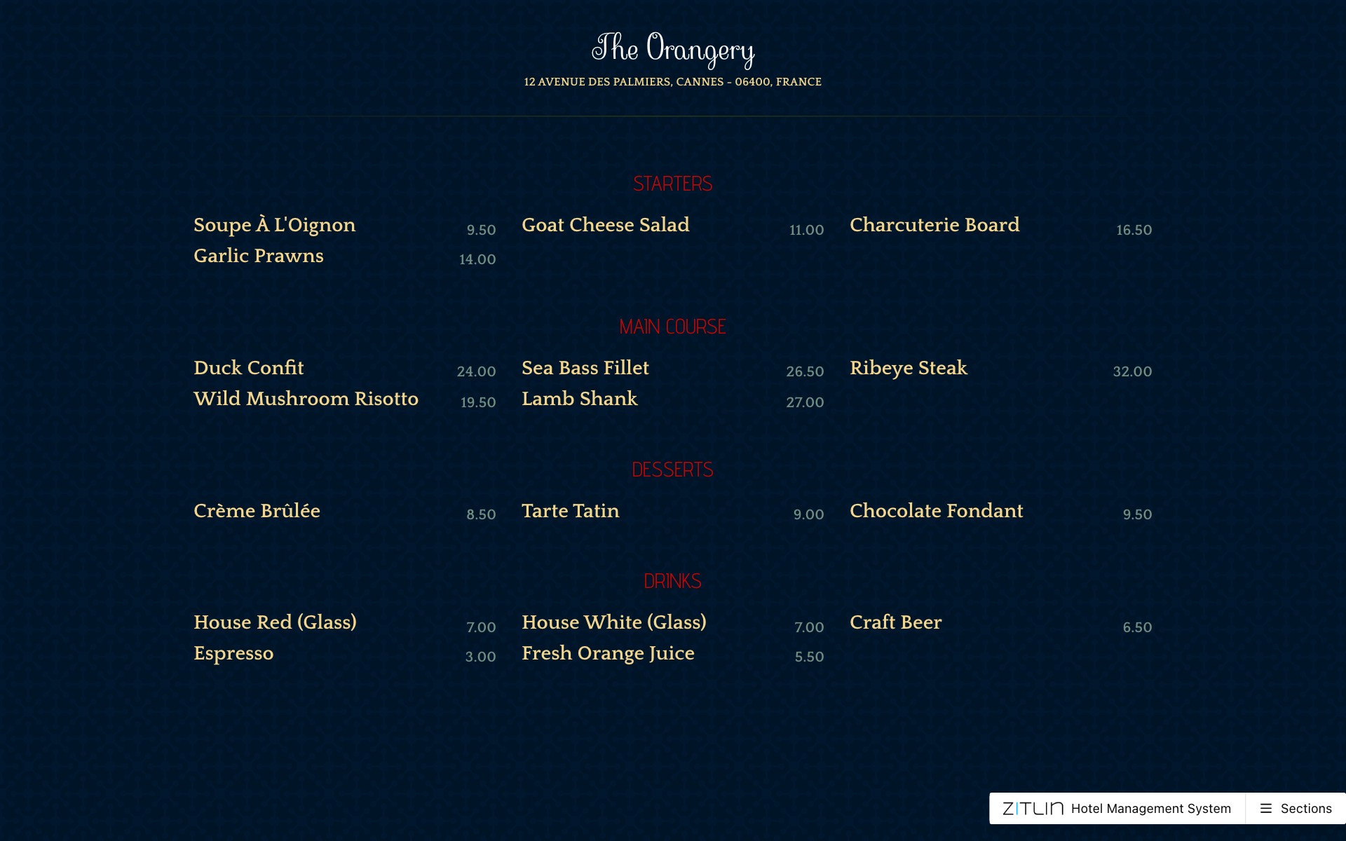 The guest-facing menu