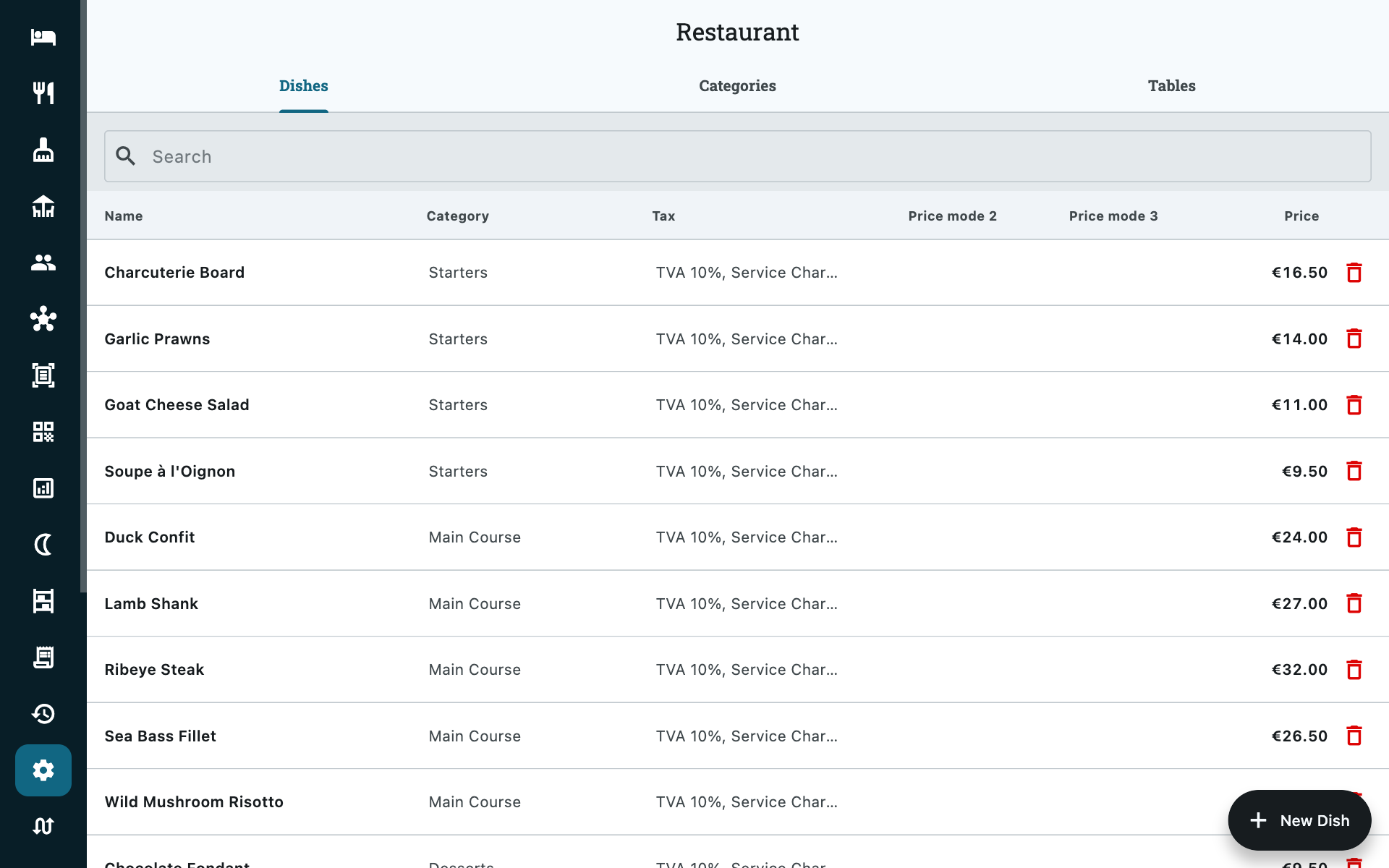 Settings → Restaurant → Dishes